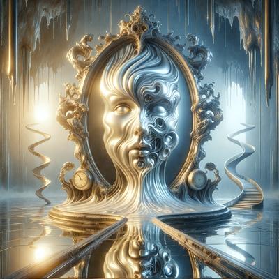 The primary subject of the image is a large, ornate mirror with a clock on it. The mirror is placed in a setting with a water surface, possibly a pool or a reflecting surface. The visual style of the image is digital art, as it appears to be a computer-generated or digitally rendered scene. The colors and mood of the image are predominantly dark and moody, with the clock and the mirror as the main focal points.